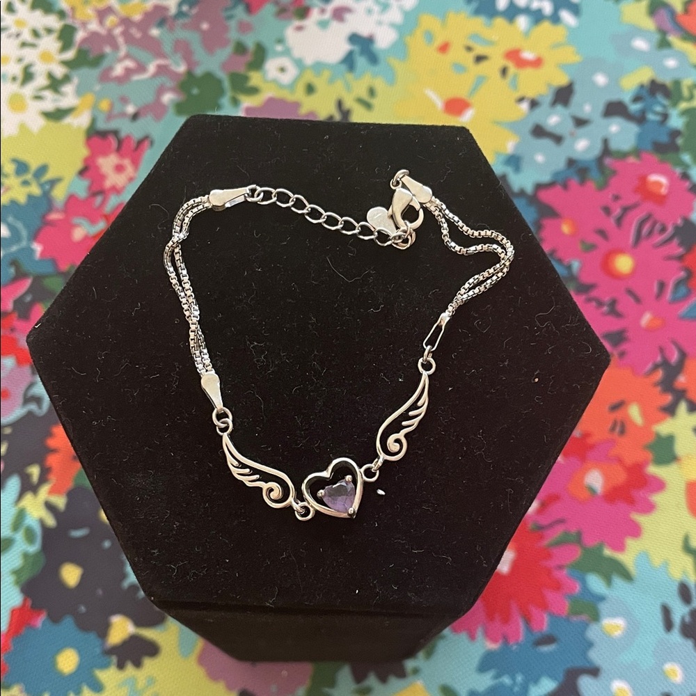 Silver Heart Wing Bracelet with Purple Gemstone